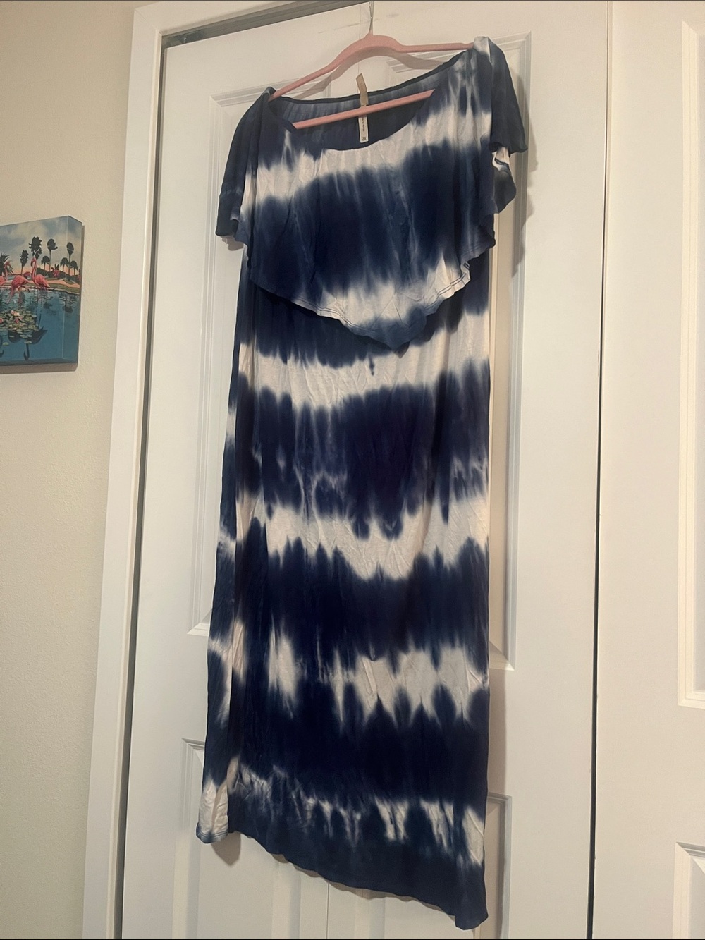 Tie-Dye Off-Shoulder Maxi Dress in Navy and White
